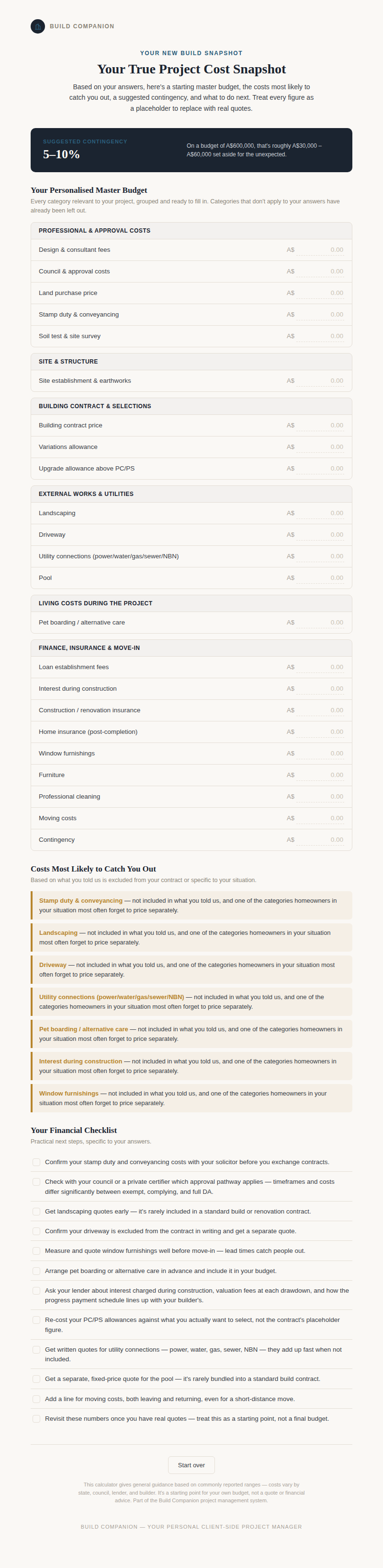 True Project Cost Calculator results page