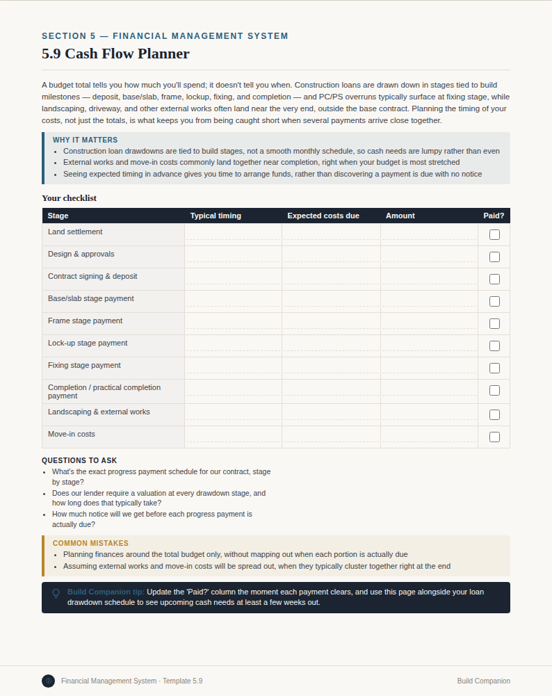 Build Companion Cash Flow Planner page for a new home build