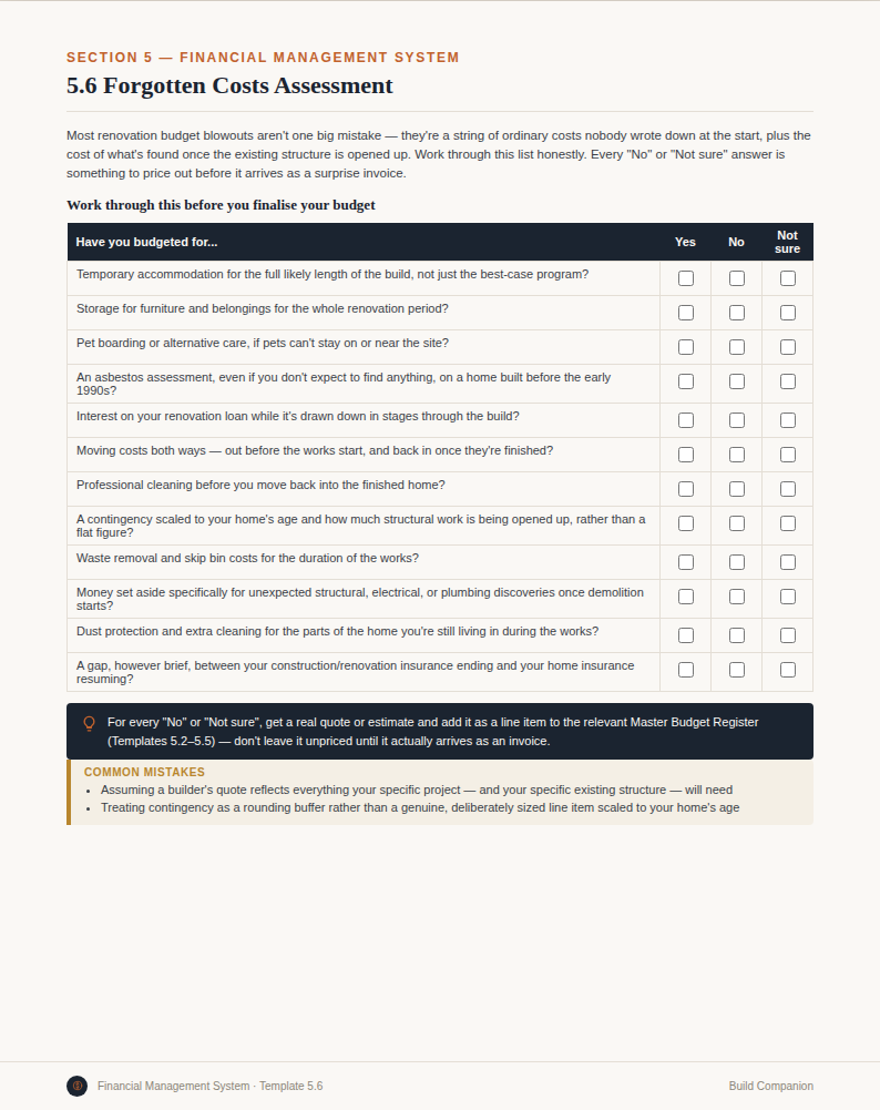 Build Companion Forgotten Costs Assessment page